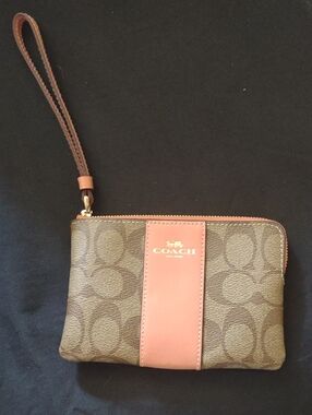 Coach Brown Signature Wristlet with Pink Center Stripe